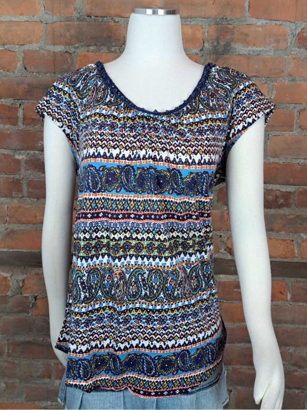 Lucky Brand Peasant Top Knit Multicolor Ethnic Print Embroidery Trim